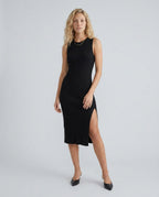 Raina Ribbed Knit Fitted Midi Dress with Sleeveless Cut in Black