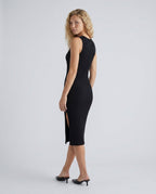 Raina Ribbed Knit Fitted Midi Dress with Sleeveless Cut in Black