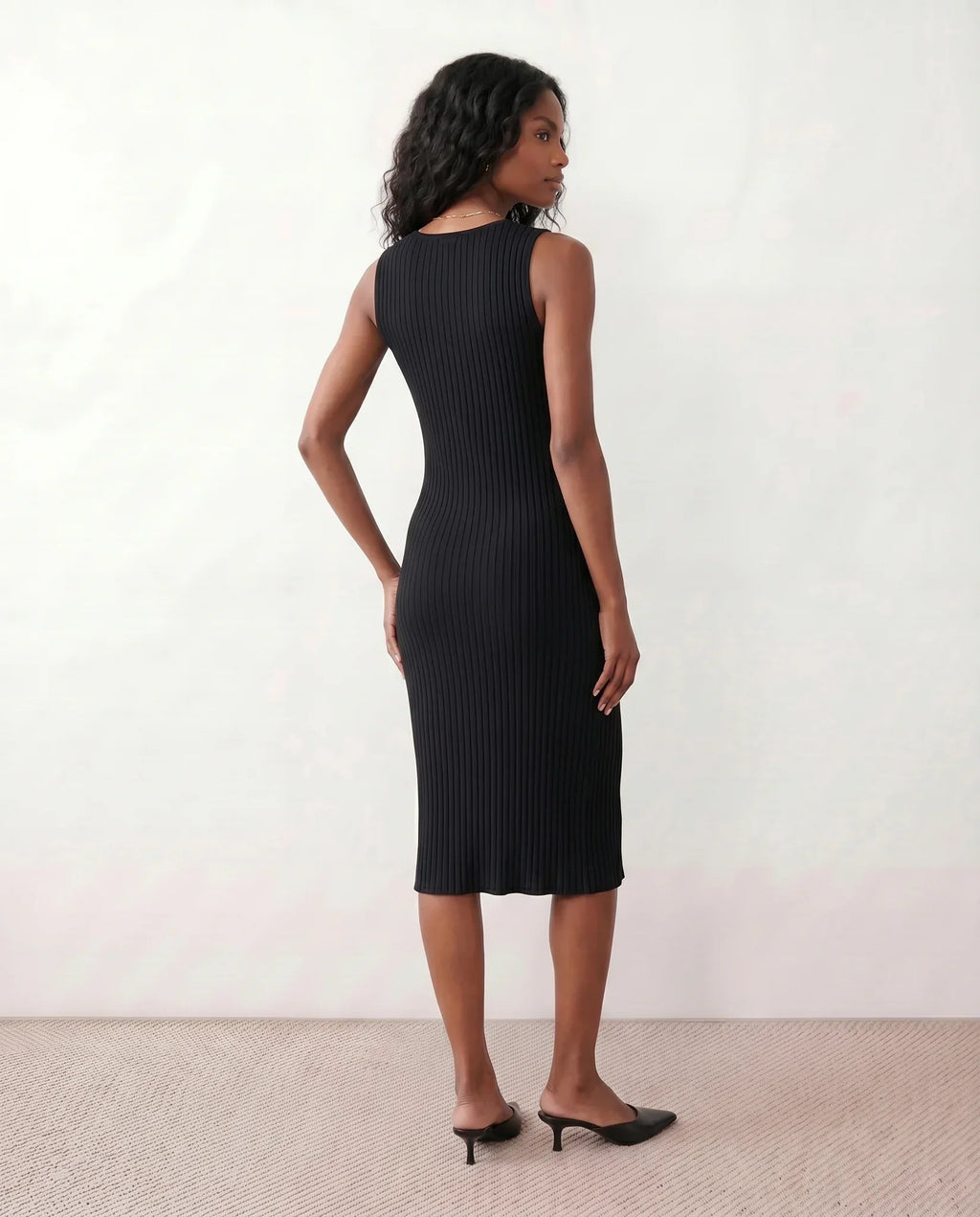 Raina Ribbed Knit Fitted Midi Dress with Sleeveless Cut in Black