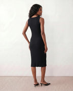 Raina Ribbed Knit Fitted Midi Dress with Sleeveless Cut in Black