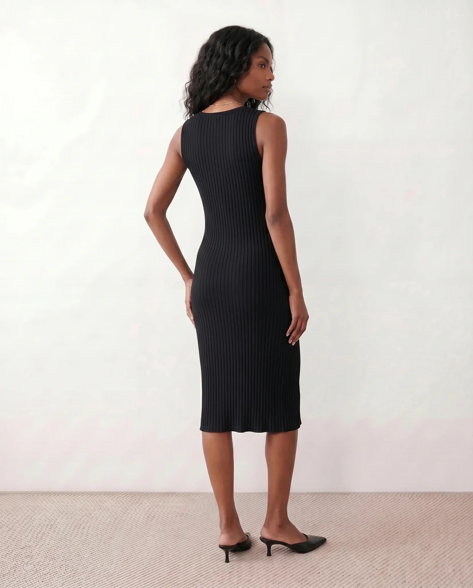Raina Ribbed Knit Fitted Midi Dress with Sleeveless Cut in Black
