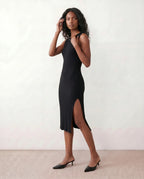 Raina Ribbed Knit Fitted Midi Dress with Sleeveless Cut in Black