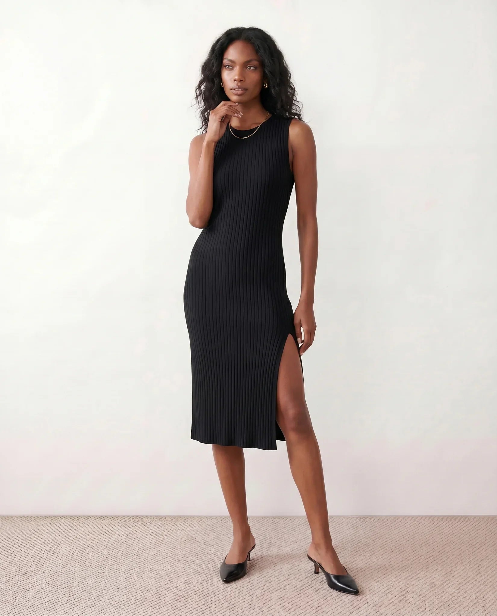 Raina Ribbed Knit Fitted Midi Dress with Sleeveless Cut in Black