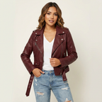 Raven Faux Leather Biker Jacket with Asymmetric Zip in Red
