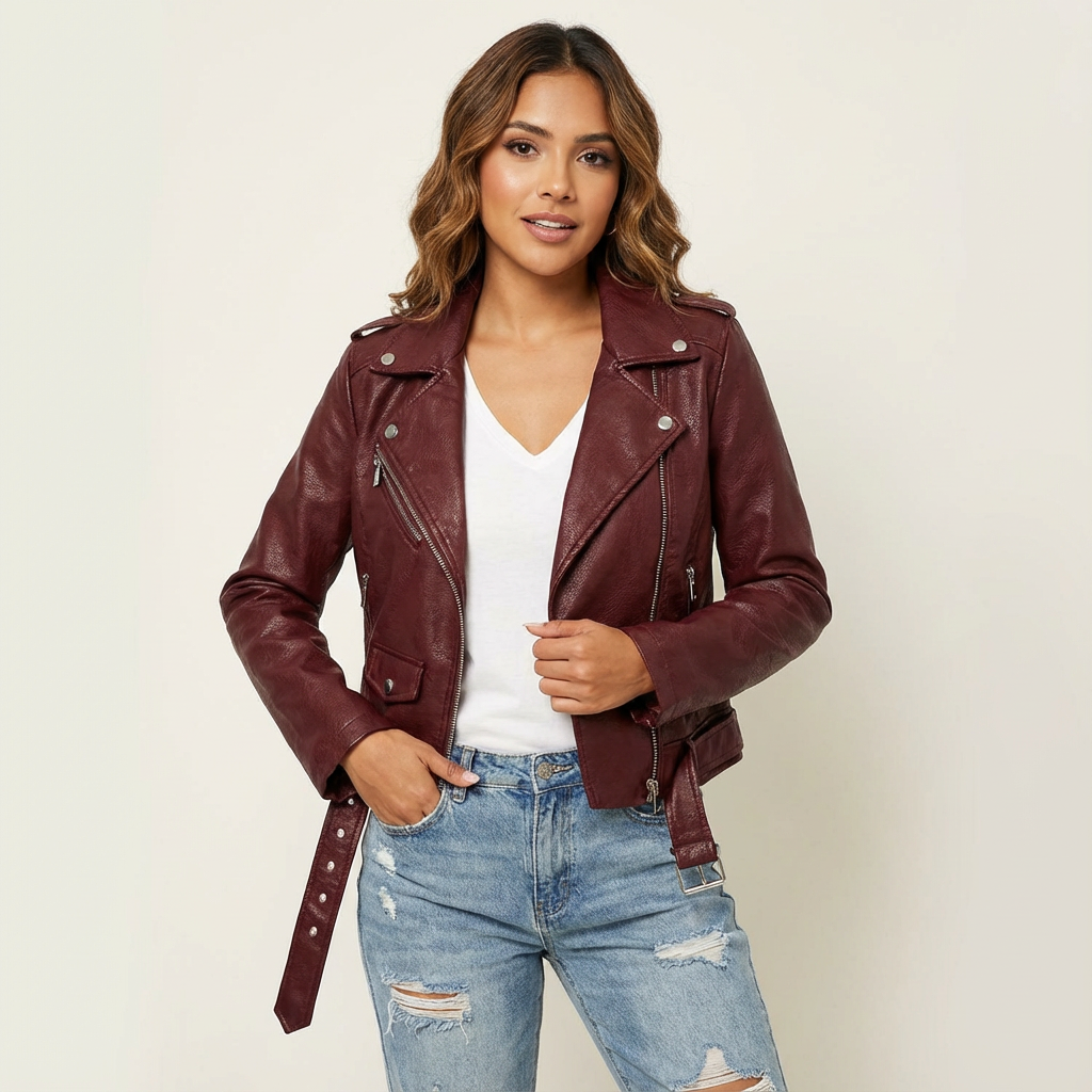 Raven Faux Leather Biker Jacket with Asymmetric Zip in Red