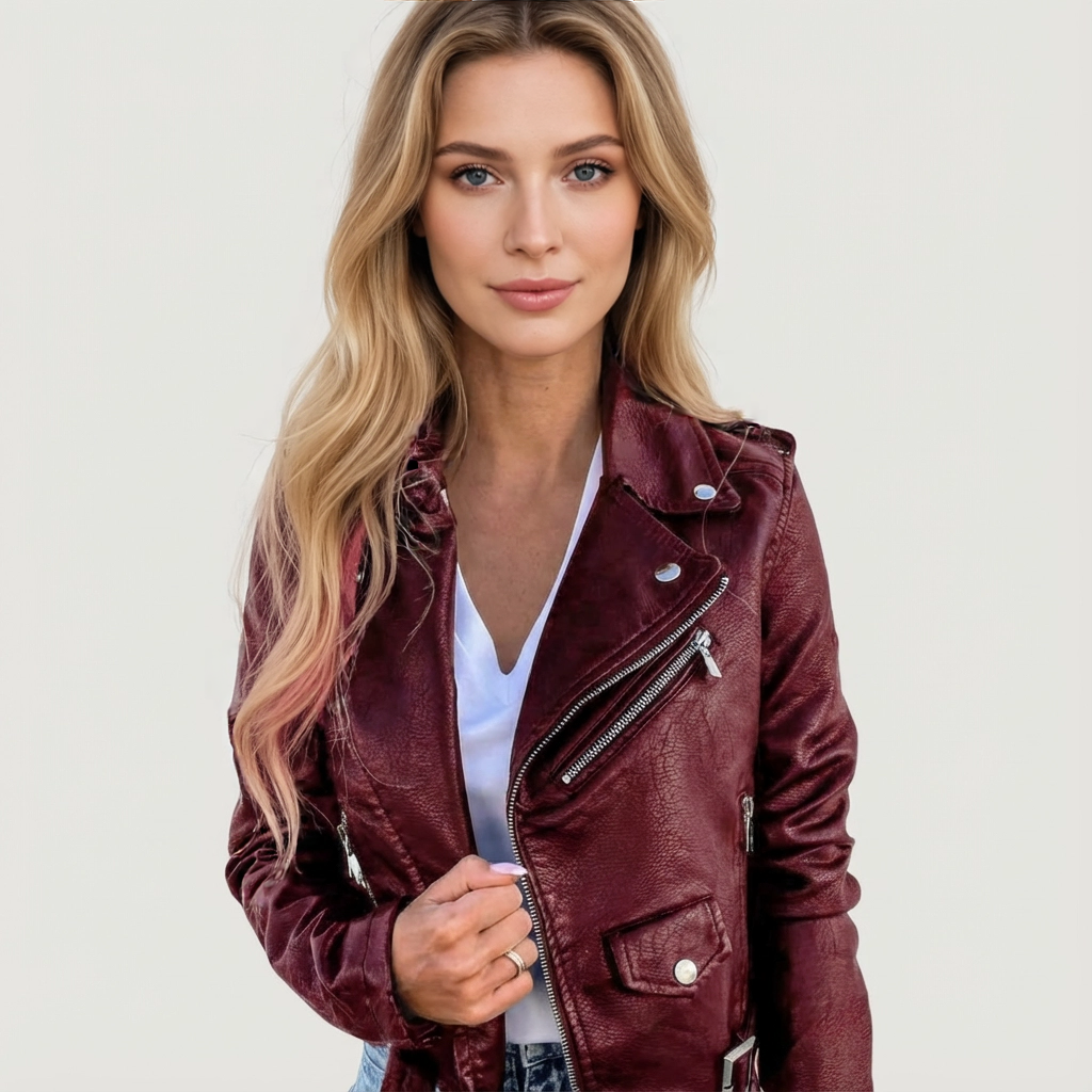 Raven Faux Leather Biker Jacket with Asymmetric Zip in Red