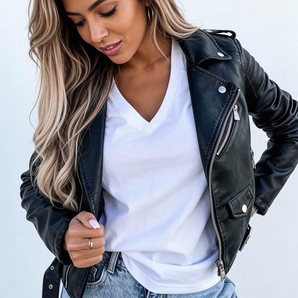 Raven Faux Leather Biker Jacket with Asymmetric Zip in Black