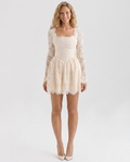 Reva Long Sleeve Lace Mini Dress with Square Neckline in Cream