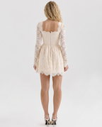 Reva Long Sleeve Lace Mini Dress with Square Neckline in Cream