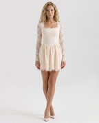 Reva Long Sleeve Lace Mini Dress with Square Neckline in Cream