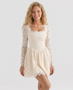 Reva Long Sleeve Lace Mini Dress with Square Neckline in Cream