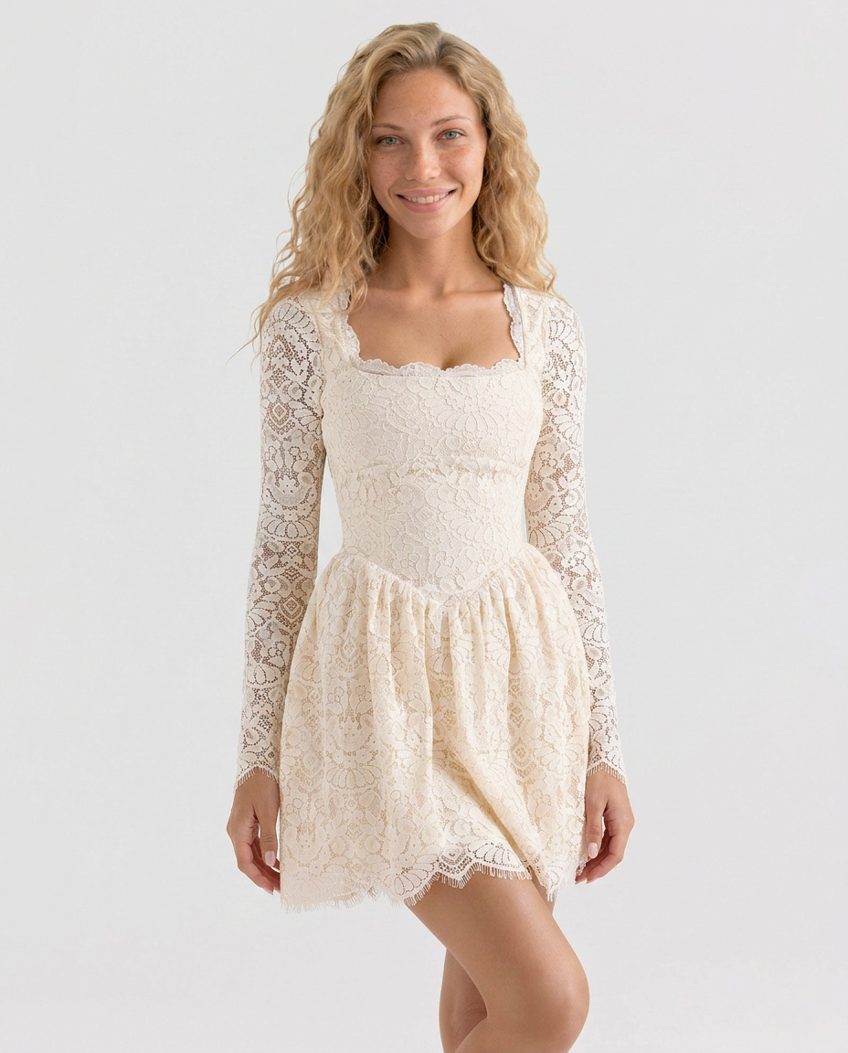 Reva Long Sleeve Lace Mini Dress with Square Neckline in Cream