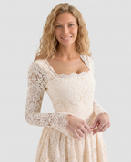 Reva Long Sleeve Lace Mini Dress with Square Neckline in Cream