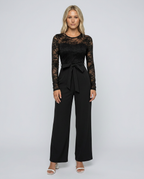 Rhea Lace Bodice Wide Leg Jumpsuit with Adjustable Belt in Black