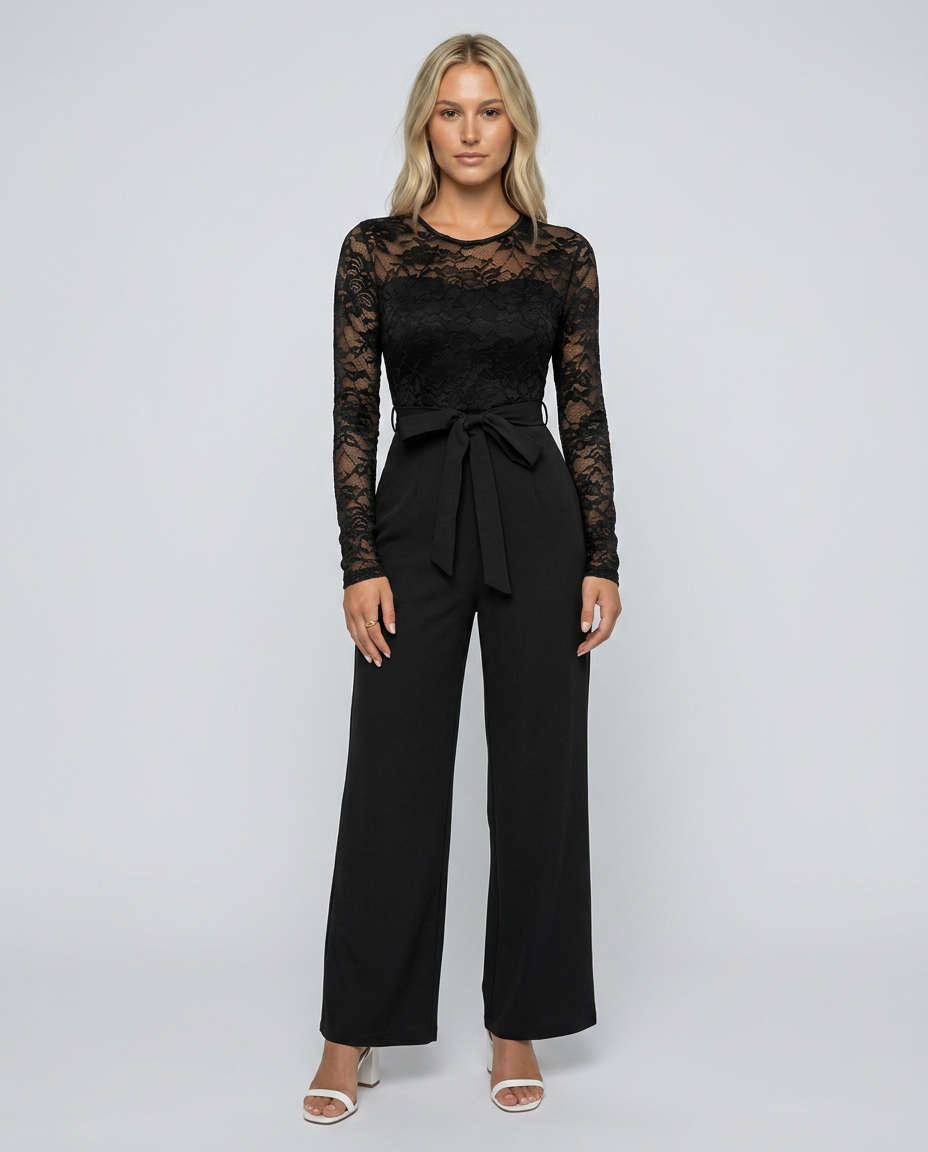 Rhea Lace Bodice Wide Leg Jumpsuit with Adjustable Belt in Black