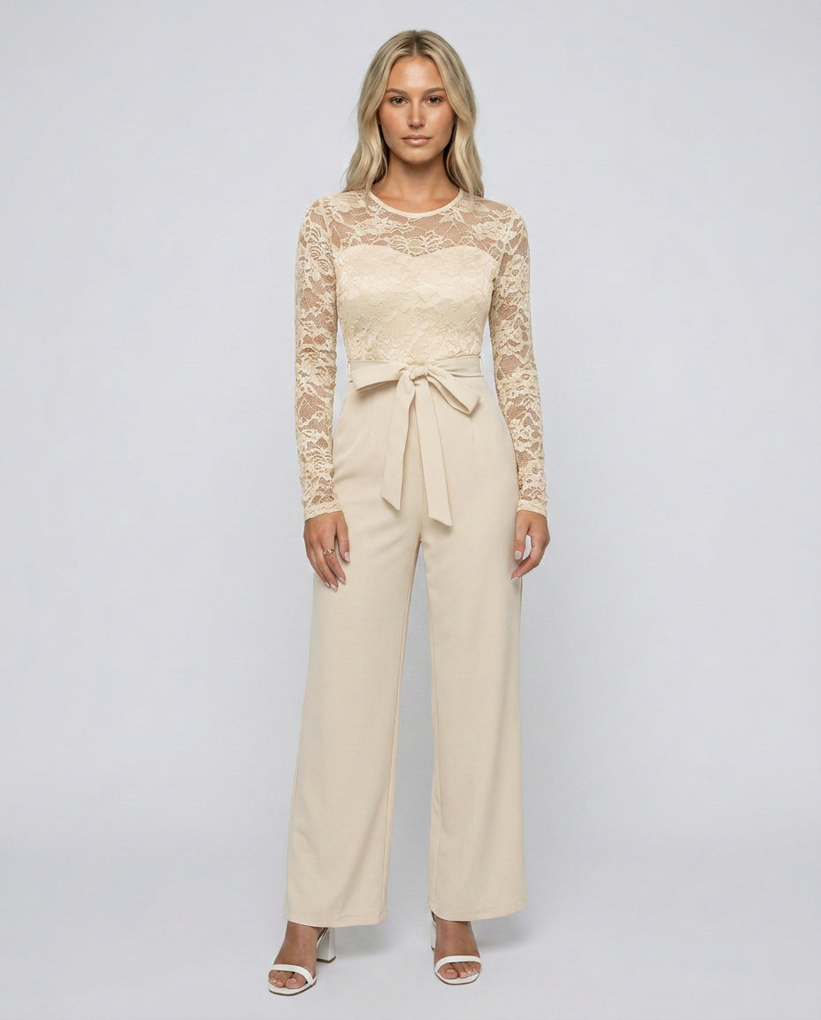 Rhea Lace Bodice Wide Leg Jumpsuit with Adjustable Belt in Apricot