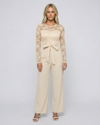 Rhea Lace Bodice Wide Leg Jumpsuit with Adjustable Belt in Apricot