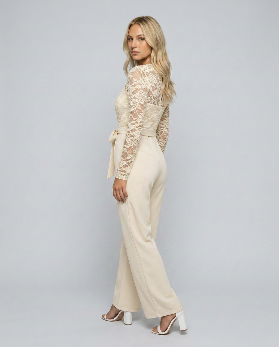 Rhea Lace Bodice Wide Leg Jumpsuit with Adjustable Belt in Apricot