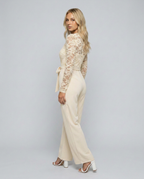 Rhea Lace Bodice Wide Leg Jumpsuit with Adjustable Belt in Apricot