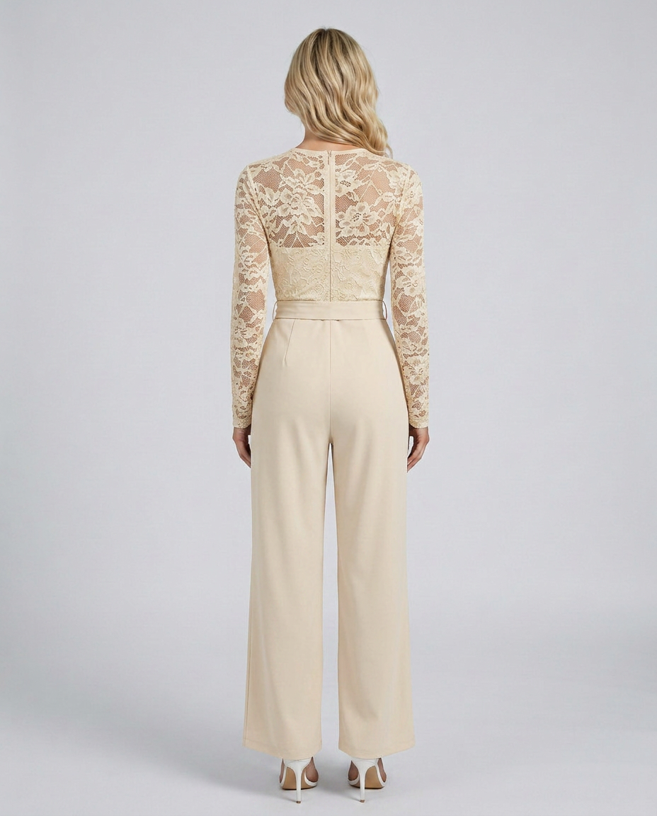 Rhea Lace Bodice Wide Leg Jumpsuit with Adjustable Belt in Apricot
