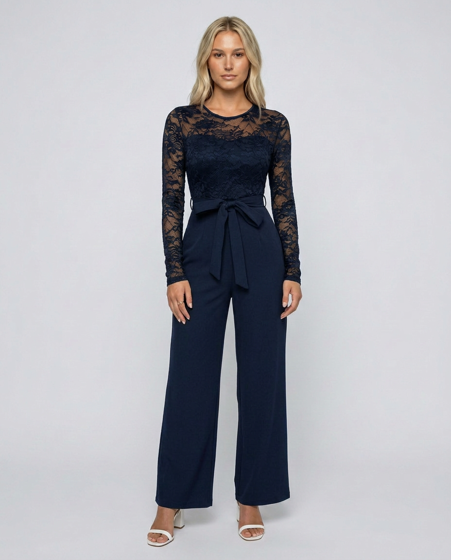 Rhea Lace Bodice Wide Leg Jumpsuit with Adjustable Belt in Dark Blue