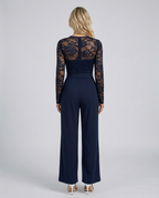 Rhea Lace Bodice Wide Leg Jumpsuit with Adjustable Belt in Dark Blue