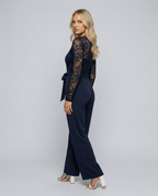 Rhea Lace Bodice Wide Leg Jumpsuit with Adjustable Belt in Dark Blue