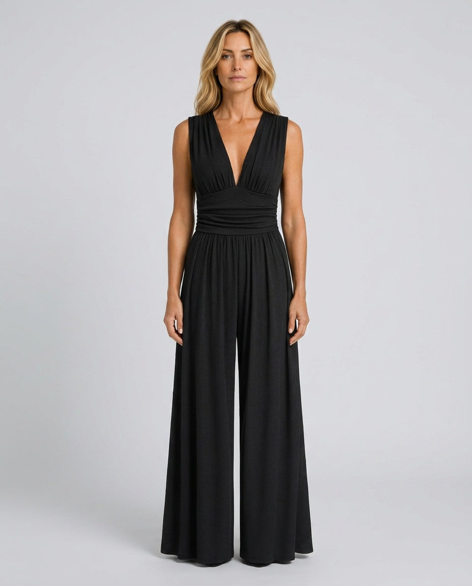 Rocio Ribbed Knit Sleeveless Wide Leg Jumpsuit in Black