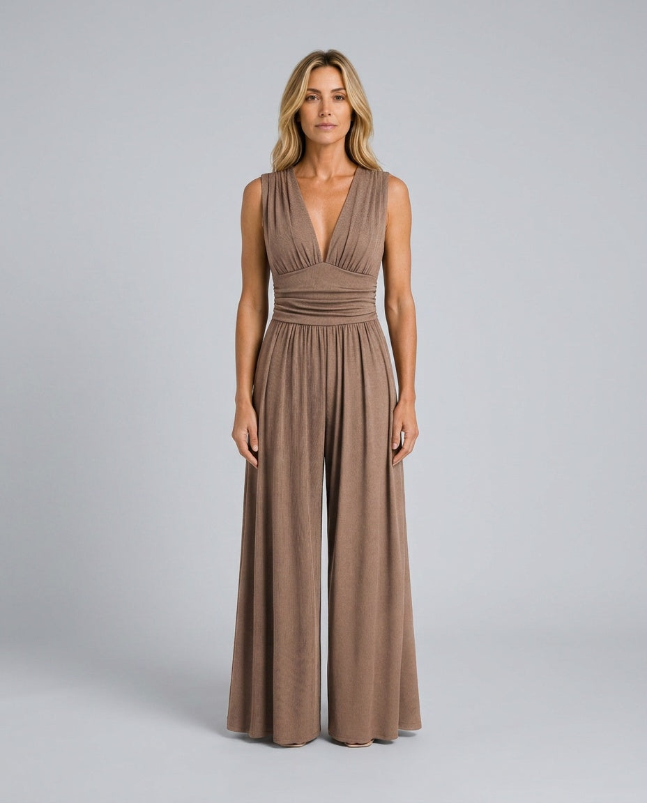 Rocio Ribbed Knit Sleeveless Wide Leg Jumpsuit in Brown