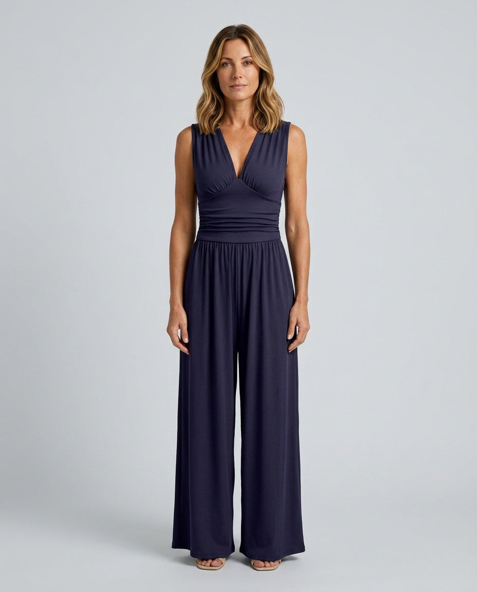 Rocio Ribbed Knit Sleeveless Wide Leg Jumpsuit in Navy