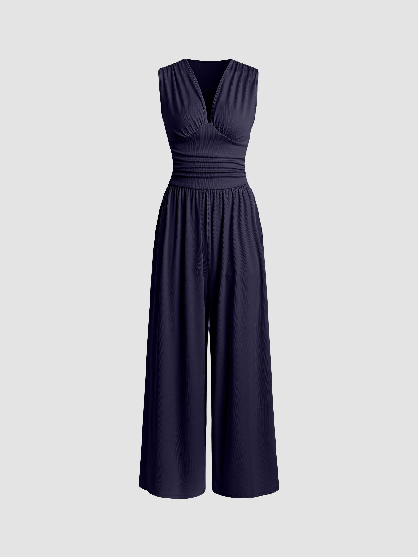 Rocio Ribbed Knit Sleeveless Wide Leg Jumpsuit in Navy