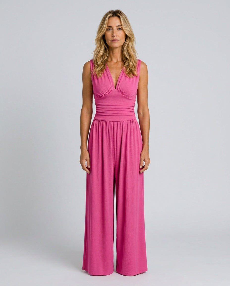 Rocio Ribbed Knit Sleeveless Wide Leg Jumpsuit in Pink