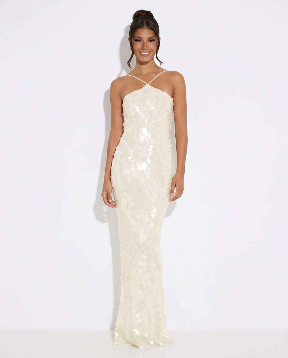 Rosa Halter Neck Sequin Maxi Dress in White with Open Back in White