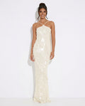 Rosa Halter Neck Sequin Maxi Dress in White with Open Back in White