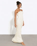 Rosa Halter Neck Sequin Maxi Dress in White with Open Back in White