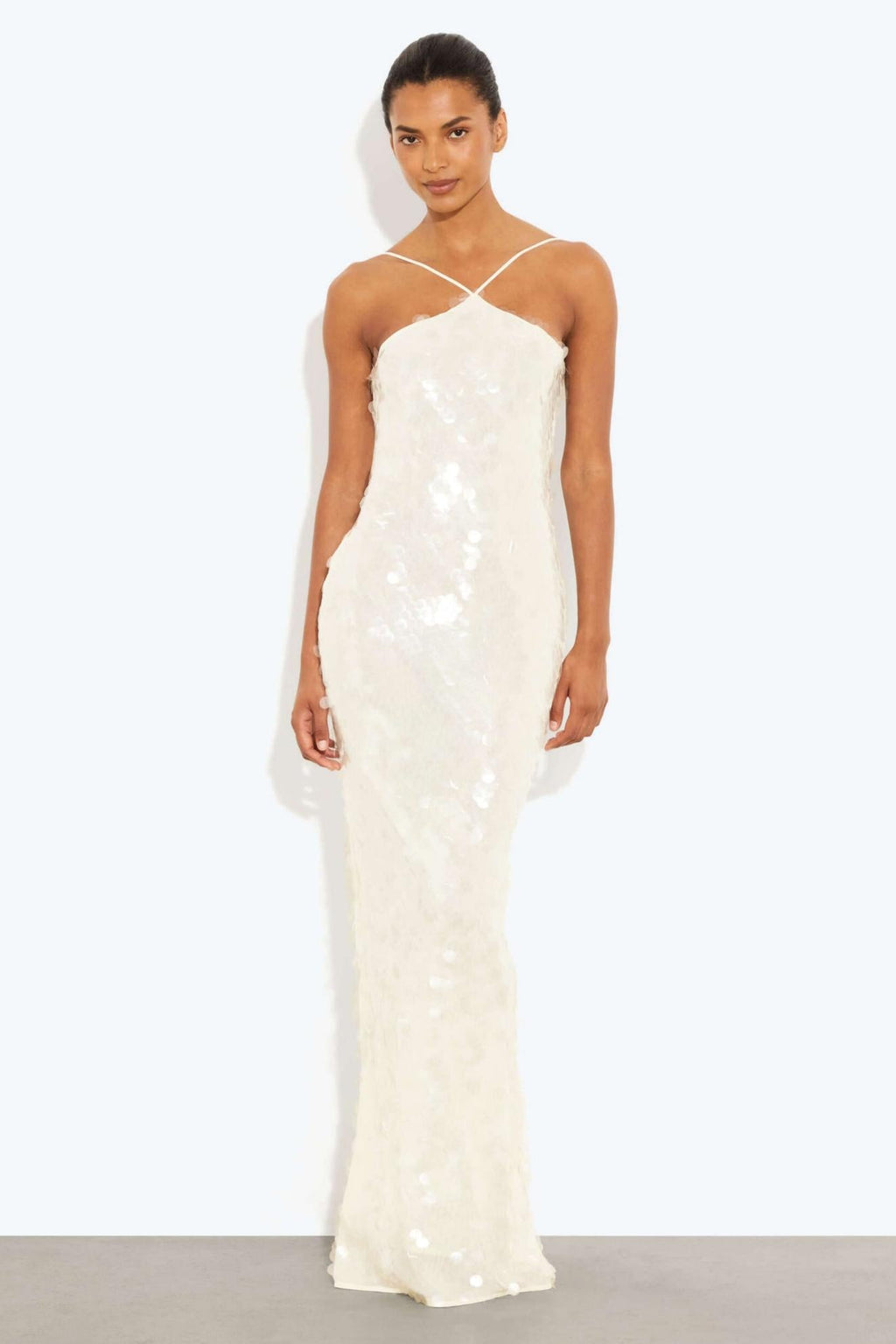 Rosa Halter Neck Sequin Maxi Dress in White with Open Back in White