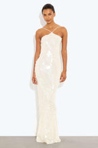 Rosa Halter Neck Sequin Maxi Dress in White with Open Back in White
