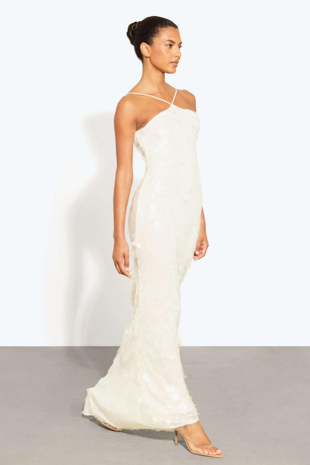 Rosa Halter Neck Sequin Maxi Dress in White with Open Back in White
