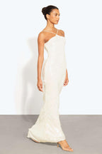 Rosa Halter Neck Sequin Maxi Dress in White with Open Back in White