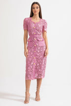 Rosa Short Sleeve Lace Overlay Midi Dress in Pink in Pink