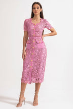 Rosa Short Sleeve Lace Overlay Midi Dress in Pink in Pink