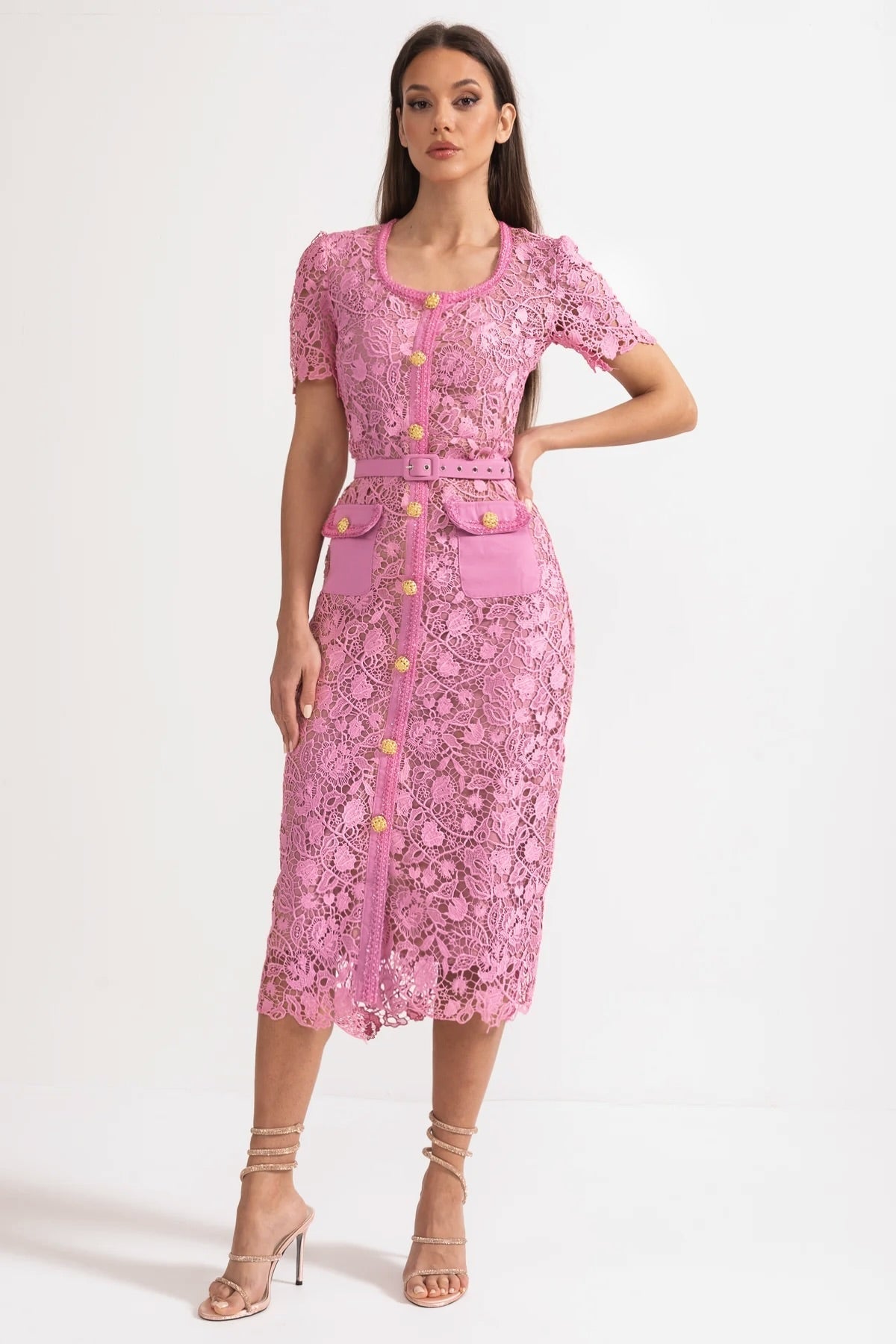 Rosa Short Sleeve Lace Overlay Midi Dress in Pink in Pink