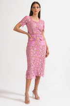 Rosa Short Sleeve Lace Overlay Midi Dress in Pink in Pink