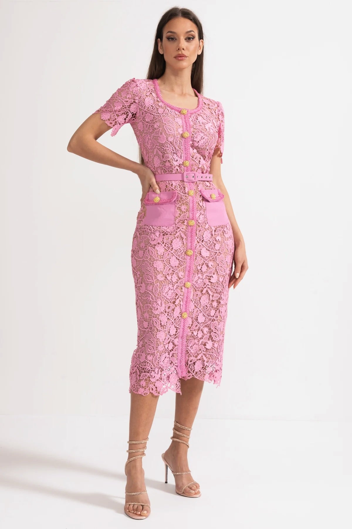 Rosa Short Sleeve Lace Overlay Midi Dress in Pink in Pink