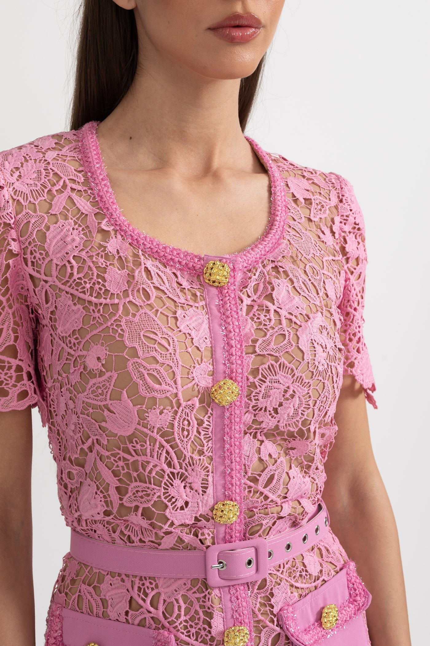 Rosa Short Sleeve Lace Overlay Midi Dress in Pink in Pink