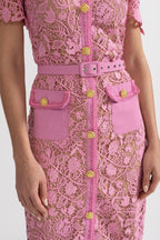 Rosa Short Sleeve Lace Overlay Midi Dress in Pink in Pink