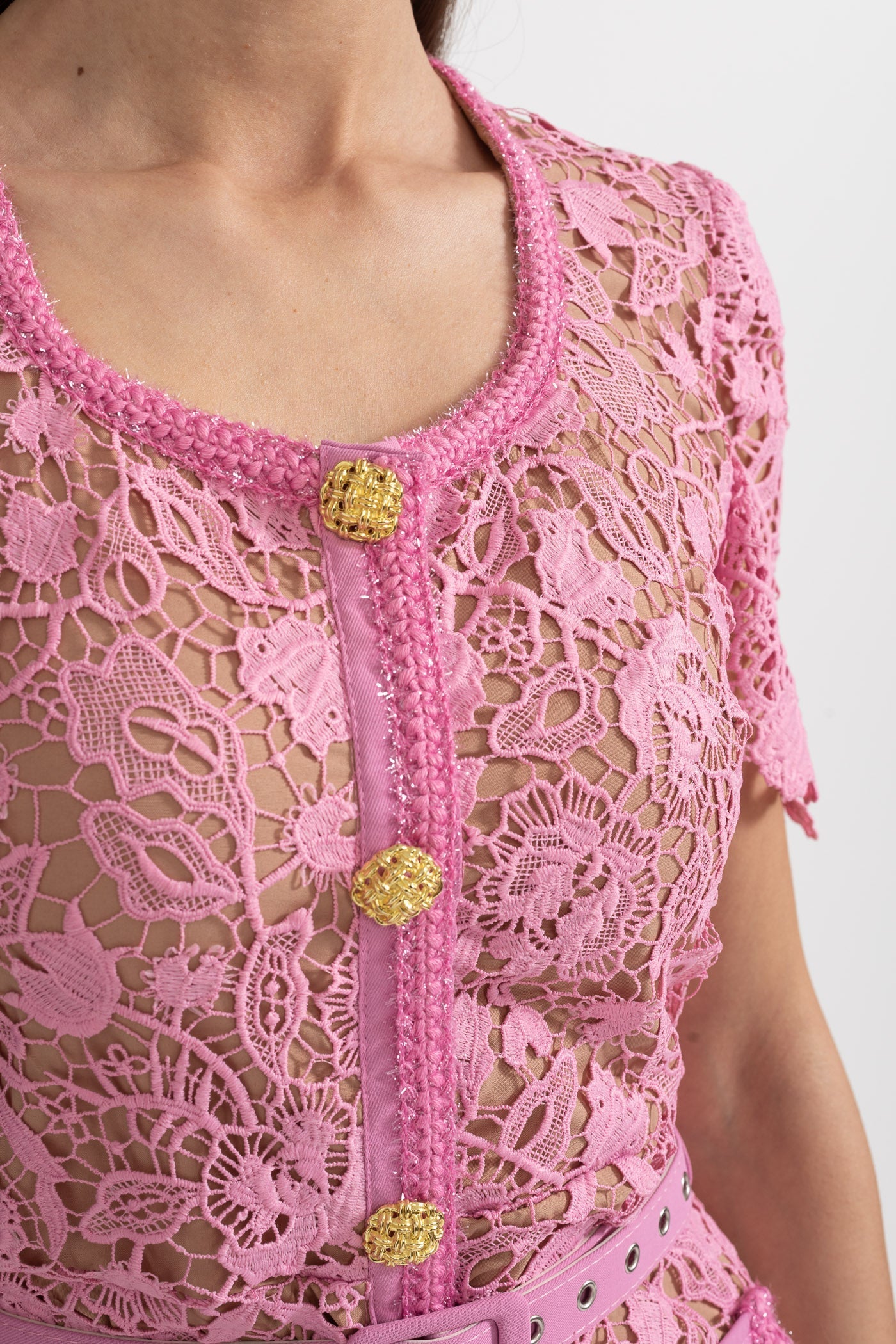 Rosa Short Sleeve Lace Overlay Midi Dress in Pink in Pink