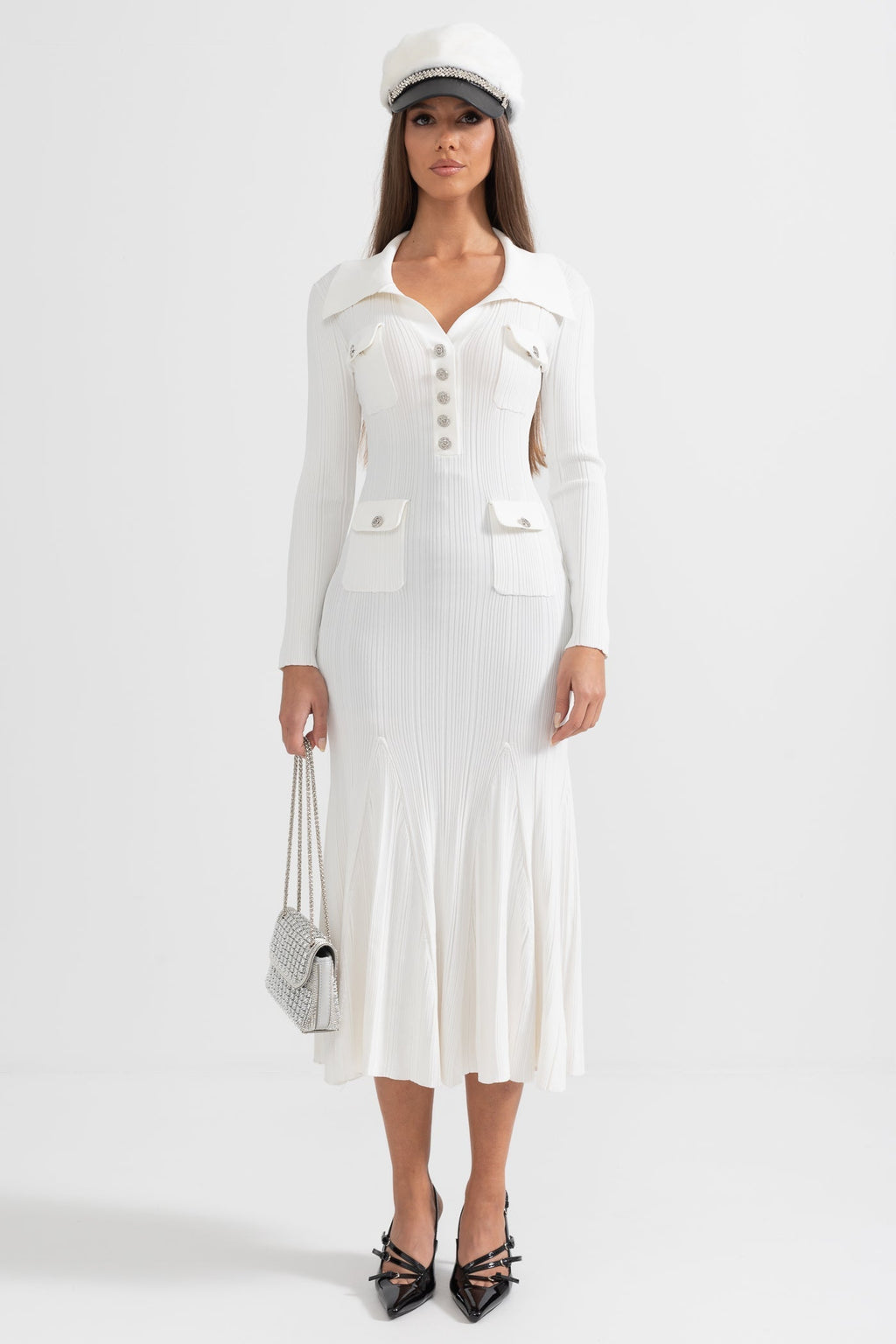 Sabine Long Sleeve Ribbed Midi Dress in White in White