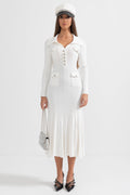 Sabine Long Sleeve Ribbed Midi Dress in White in White