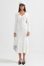 Sabine Long Sleeve Ribbed Midi Dress in White in White